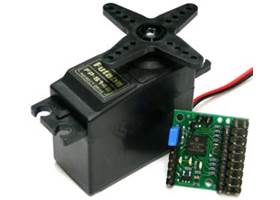 Pololu Micro Serial Servo Controller next to a standard-size RC servo