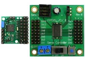 Pololu Micro Serial Servo Controller next to a Parallax Servo Controller