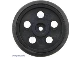 Black Solarbotics GM10 1" wheel with included rubber band tire.  This view shows the hub designed for the output shaft of Solarbotics GM10 geared pager motor