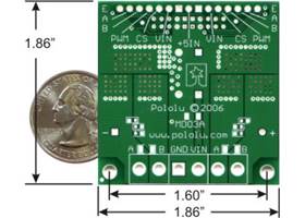 Pololu Dual High-Current Motor Driver Carrier (VNH2SP30 or VNH3SP30) back view with quarter and dimensions
