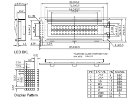 Dimensions (in mm) and pinout for the 16x2 character LCD with backlight
