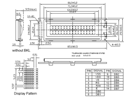 Dimensions (in mm) and pinout for the 16x2 character LCD without backlight