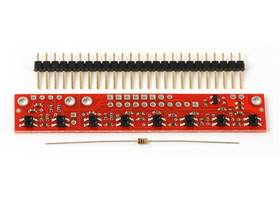 QTR-8A reflectance sensor array with included 25-pin 0.1" header strip and 100 Ohm through-hole resistor