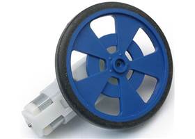 Solarbotics GMPW blue plastic wheel with molded tire and encoder stripes, mounted on a GM9 gearmotor