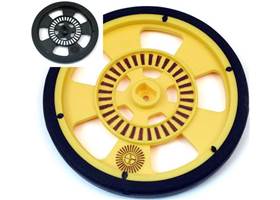 Solarbotics GMPW plastic wheel with molded tire; encoder stripes shown colored in
