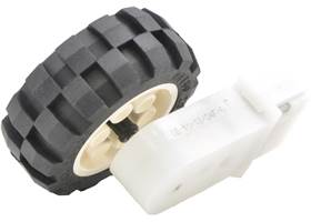 2mm shaft adapter connecting a LEGO wheel to a 120:1 mini plastic gearmotor with 90-degree output