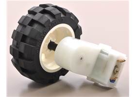 2mm shaft adapter connecting a LEGO wheel to a 120:1 mini plastic gearmotor with offset output