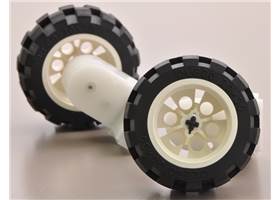 2mm shaft adapters connecting a LEGO wheels to 120:1 mini plastic gearmotors with offset output