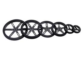 Black Pololu wheels with 90, 80, 70, 60, 40, and 32 mm diameters (other colors available)