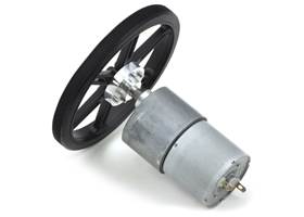 Black Pololu 90x10mm wheel on a Pololu 37D mm metal gearmotor
