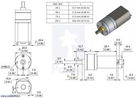 Dimensions of the Pololu 20D mm metal gearmotors.  Units are mm over [inches]