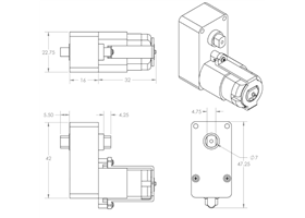 Dimensions (in mm) of the 120:1 and 228:1 plastic gearmotors with offset outputs