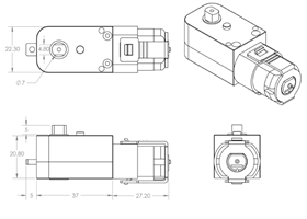 Dimensions (in mm) of the 120:1 and 200:1 plastic gearmotors with 90-degree outputs