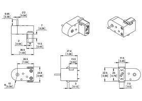 Dimension diagram of the mini plastic gearmotor with offset 2mm spline output (units are mm over [in])