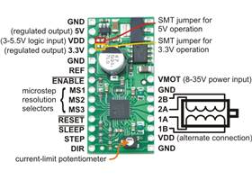 A4983/A4988 stepper motor driver carrier with voltage regulators, labeled top view