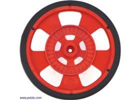 Red Solarbotics SW wheel with silicone tire. This view shows the hub designed for standard Futaba servos and the 64-stripe encoder pattern