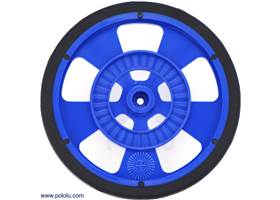 Blue Solarbotics SW wheel with silicone tire. This view shows the hub designed for standard Futaba servos and the 64-stripe encoder pattern