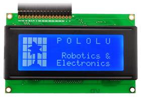 20x4 white-on-blue LCD displaying the Pololu logo with custom characters