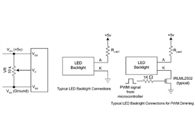 External contrast and backlight connections on an HD44780 character LCD with backlight