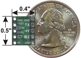 MMA7361LC/MMA7341LC 3-axis accelerometer, bottom view with dimensions