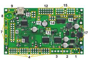 Orangutan SVP kit PCB showing possible locations for included buzzer, pushbuttons, headers, and terminal blocks