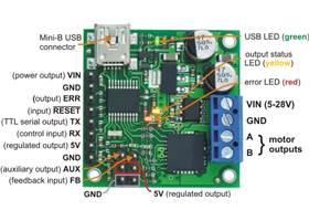 Pololu jrk 21v3 USB motor controller with feedback, labeled top view