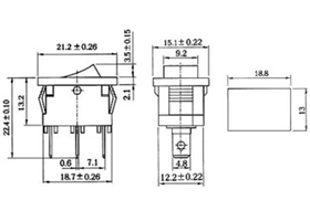 Dimensions (in mm) of rocker switch: 3-pin, SPDT, 10A