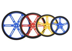 Pololu wheels with 90, 80, 70, and 60mm diameters in three colors: blue, red, and yellow