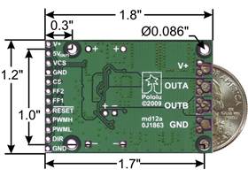 Pololu high-power motor driver CS dimensions with quarter for size reference