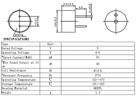Dimensions (in mm) and specifications for the 9mm Electromagnetic Buzzer: 40Ω, 4-6V, Top Opening