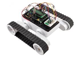 Dagu Rover 5 chassis with Orangutan SVP robot controller and additional electronics mounted to an RP5/Rover 5 expansion plate (narrow)