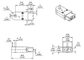 Dimension diagram of the mini plastic gearmotor with 90° 3mm D-shaft output (units are mm over [in])