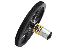 Black Pololu 70x8mm wheel on a Pololu micro metal gearmotor