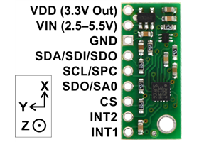 LSM303D 3D compass and accelerometer carrier with voltage regulator, labeled top view