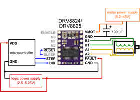 Alternative minimal wiring diagram for connecting a microcontroller to a DRV8824/DRV8825 stepper motor driver carrier (full-step mode)