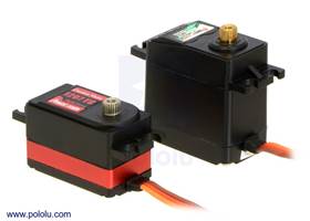 Low-profile Power HD 1207TG servo (left) next to a standard-size Power HD 1501MG servo (right) for size comparison