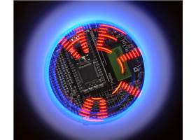 Pololu m3pi robot writing “HELLO” with its eight mbed-controlled LEDs as it spins in place (persistence of vision)