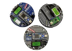 Top view of a group of m3pi robots: ARM’s original m3pi (left) and Pololu’s m3pis (right and bottom)