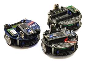 Fleet of m3pi robots: ARM’s original m3pi (left) and Pololu’s m3pis (right)