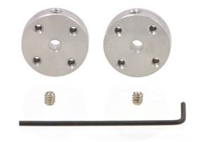 A pair of Pololu universal aluminum mounting hubs for 3 mm diameter shafts