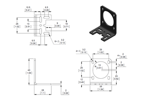 Dimension diagram of the Pololu stamped aluminum L-bracket for NEMA 14 stepper motors.  Units are mm over [inches]