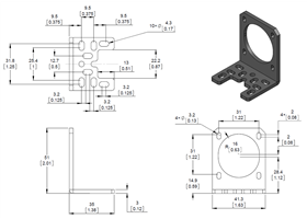 Dimension diagram of the Pololu stamped aluminum L-bracket for NEMA 17 stepper motors.  Units are mm over [inches]