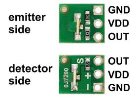 QTR-L-1A reflectance sensor emitter and detector sides with labeled pinout