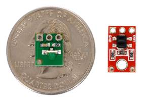 QTR-L-1RC reflectance sensor on a quarter next to a QTR-1A reflectance sensor