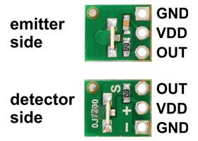 QTR-L-1RC reflectance sensor emitter and detector sides with labeled pinout