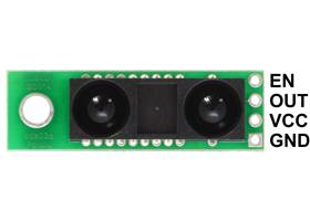 Pololu Carrier with Sharp GP2Y0A60SZLF Analog Distance Sensor 10-150cm, front view with labeled pinout