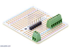 0.1″ terminal blocks and a male header strip in an Adafruit Perma-Proto prototyping PCB