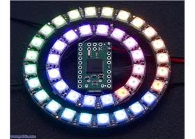 Adafruit 16- and 24-LED NeoPixel rings being controlled by an A-Star 32U4 Micro
