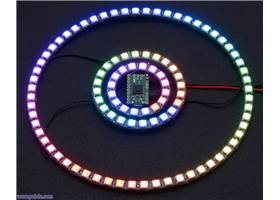 Adafruit 16-, 24-, and 4x15-LED NeoPixel rings being controlled by an A-Star 32U4 Micro