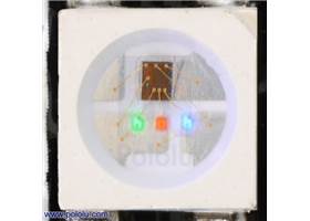 Close up of a WS2812B, with the red, green, and blue LEDs on at their dimmest setting